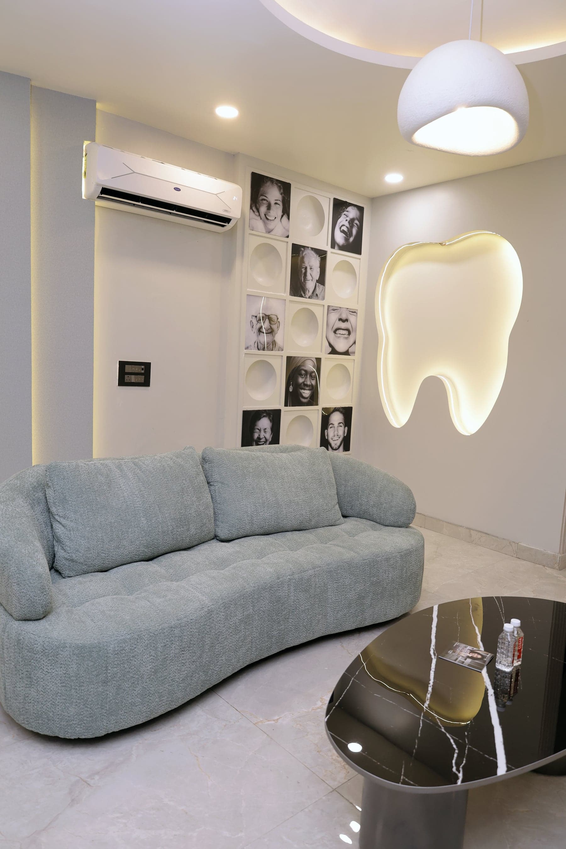 Lounge with backlit tooth signage